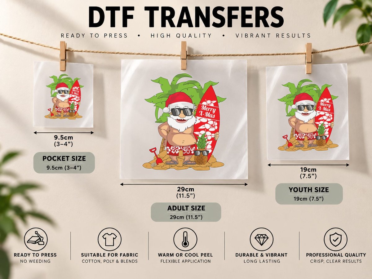 Christmas in July I Santa Hawaiian Surfing I Xmas I Santa DTF Transfer Iron On