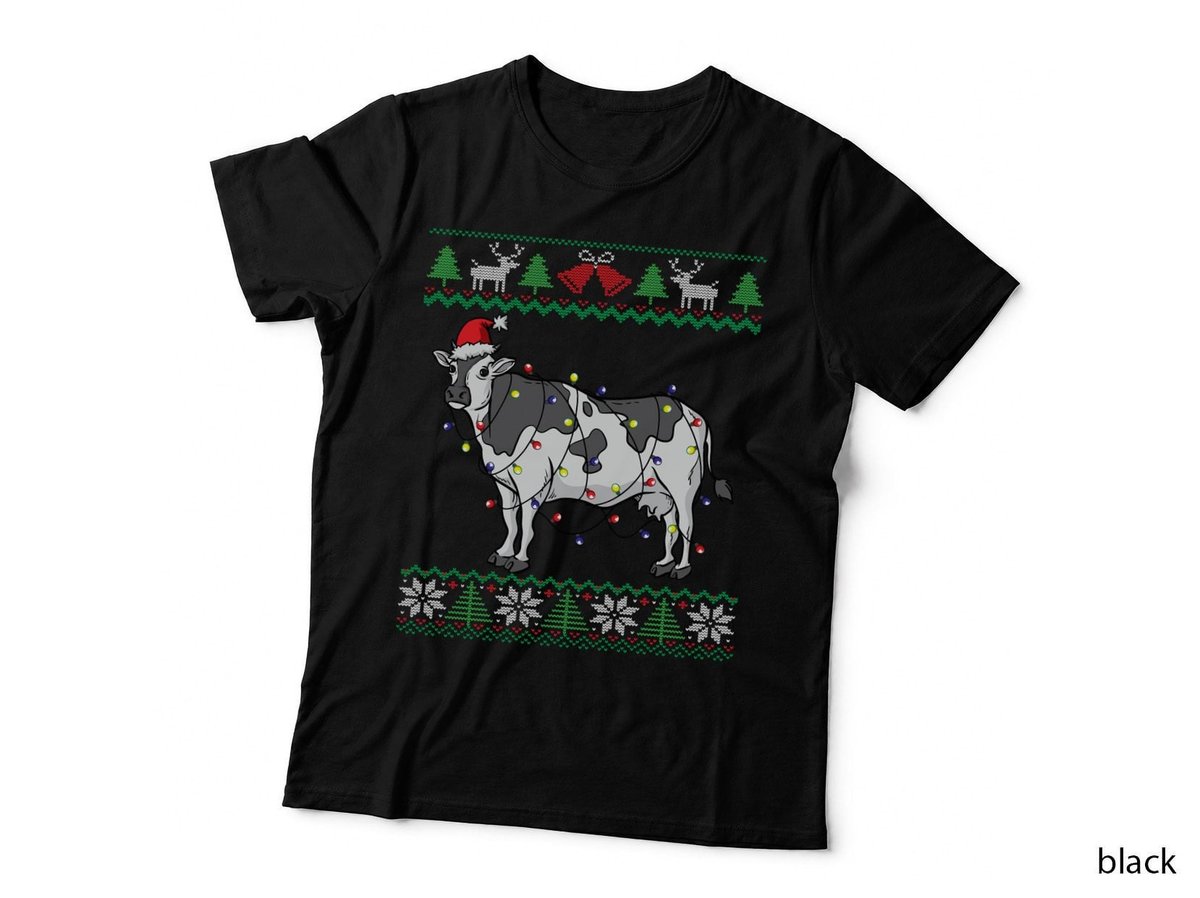 Cow Santa Claus & Lights Funny Dairy Farmer Ugly Christmas T-Shirt