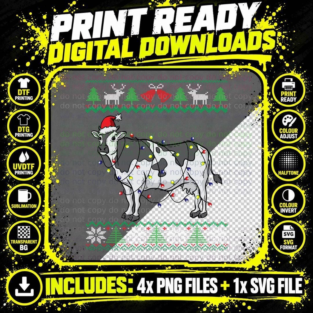 Cow Santa Claus & Lights Funny Dairy Farmer Ugly Png SVG Digital Bundle