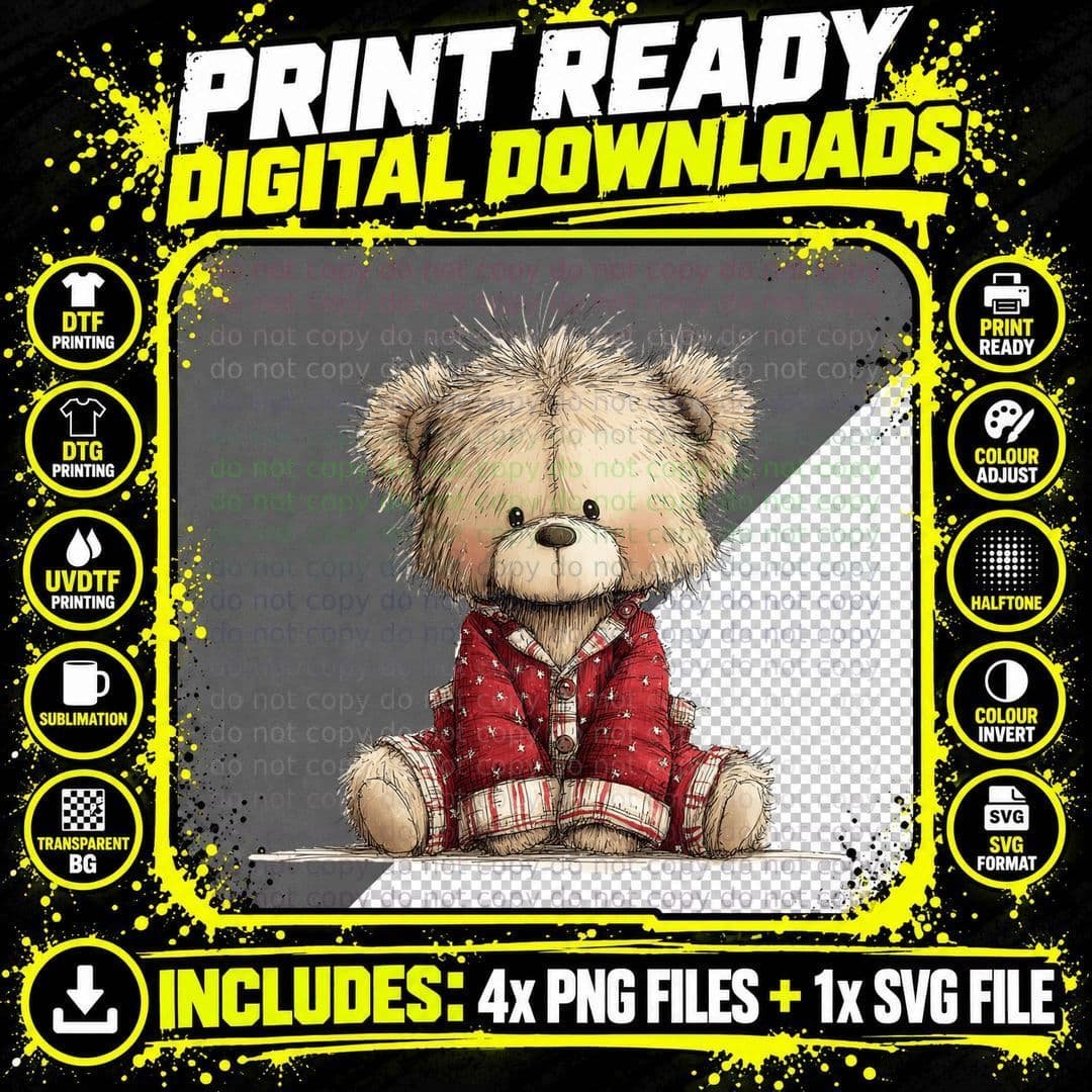 Cozy Christmas Teddy Bear in Red Pajamas Adorable Png SVG Digital Bundle