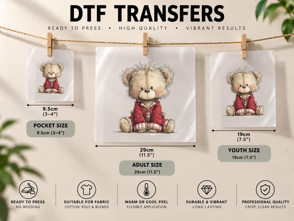 Cozy Christmas Teddy Bear in Red Pajamas Adorable Holiday DTF Transfer Iron On