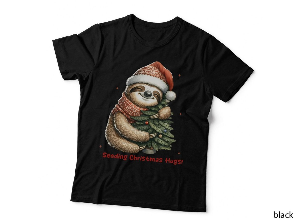 Cozy Sloth in Santa Hat with Christmas Tree Festive Holiday T-Shirt