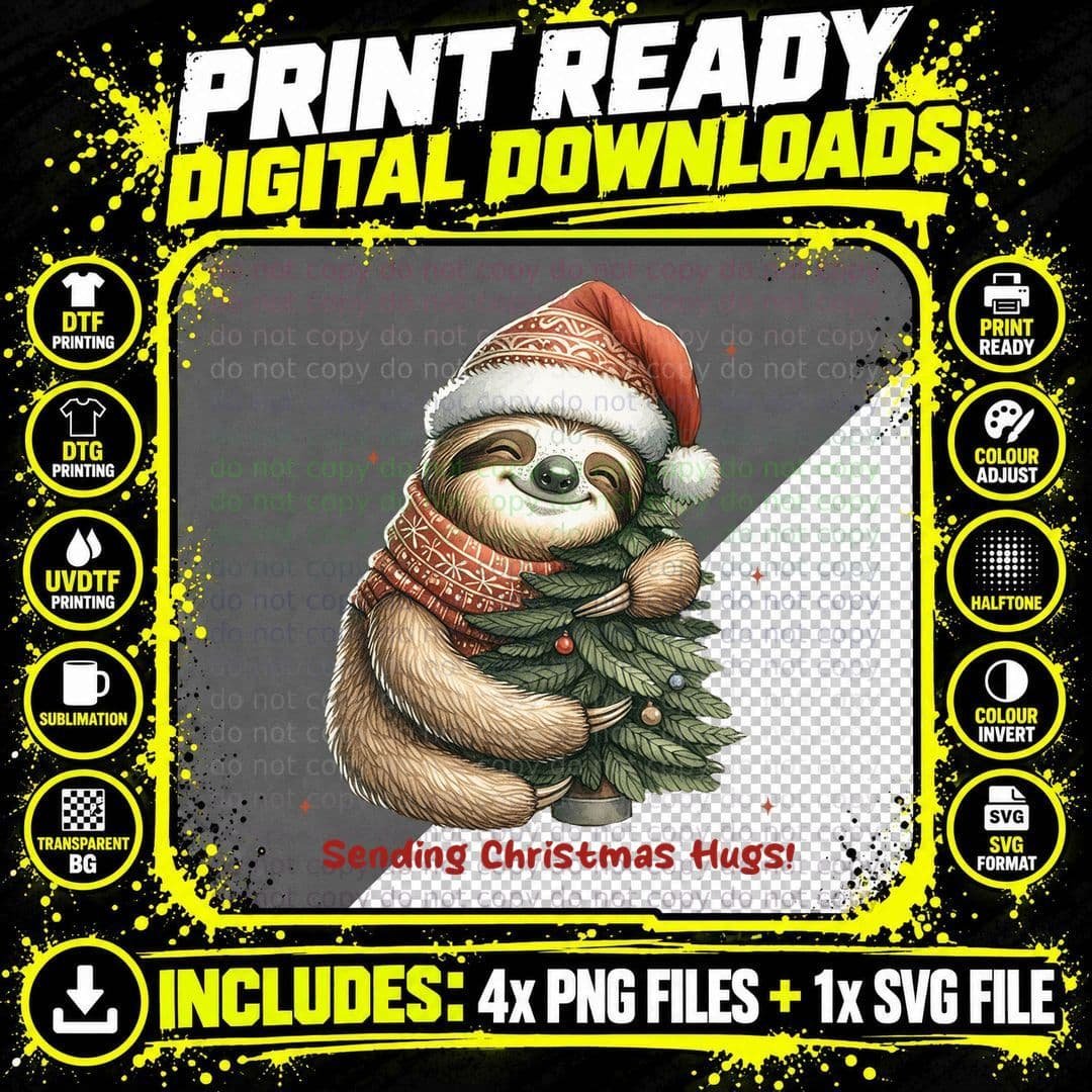 Cozy Sloth in Santa Hat with Christmas Tree Festive Png SVG Digital Bundle