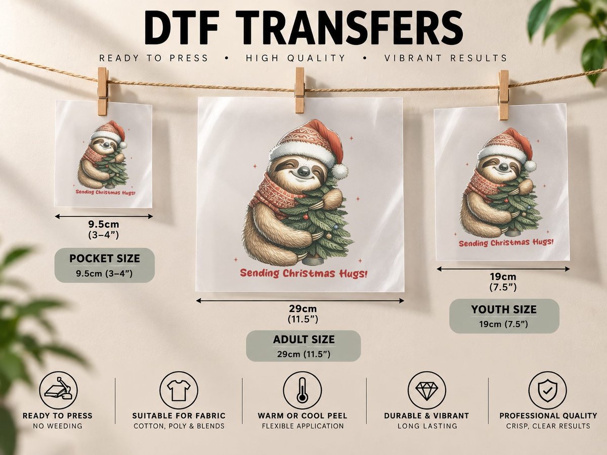 Cozy Sloth in Santa Hat with Christmas Tree Festive Holiday DTF Transfer Iron On