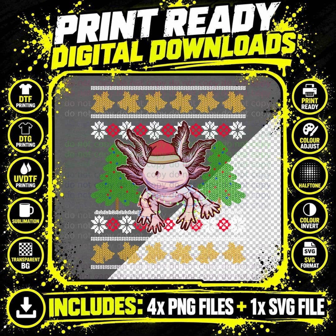 Cute Axolotl Ugly Sweater Christmas Lights Santa Hat Png SVG Digital Bundle