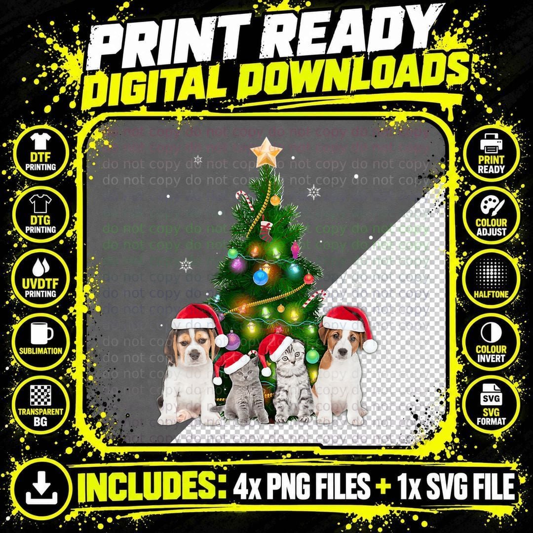 Cute Cat & Dog Christmas Tree Cat Lover Xmas Pets Women Png SVG Digital Bundle