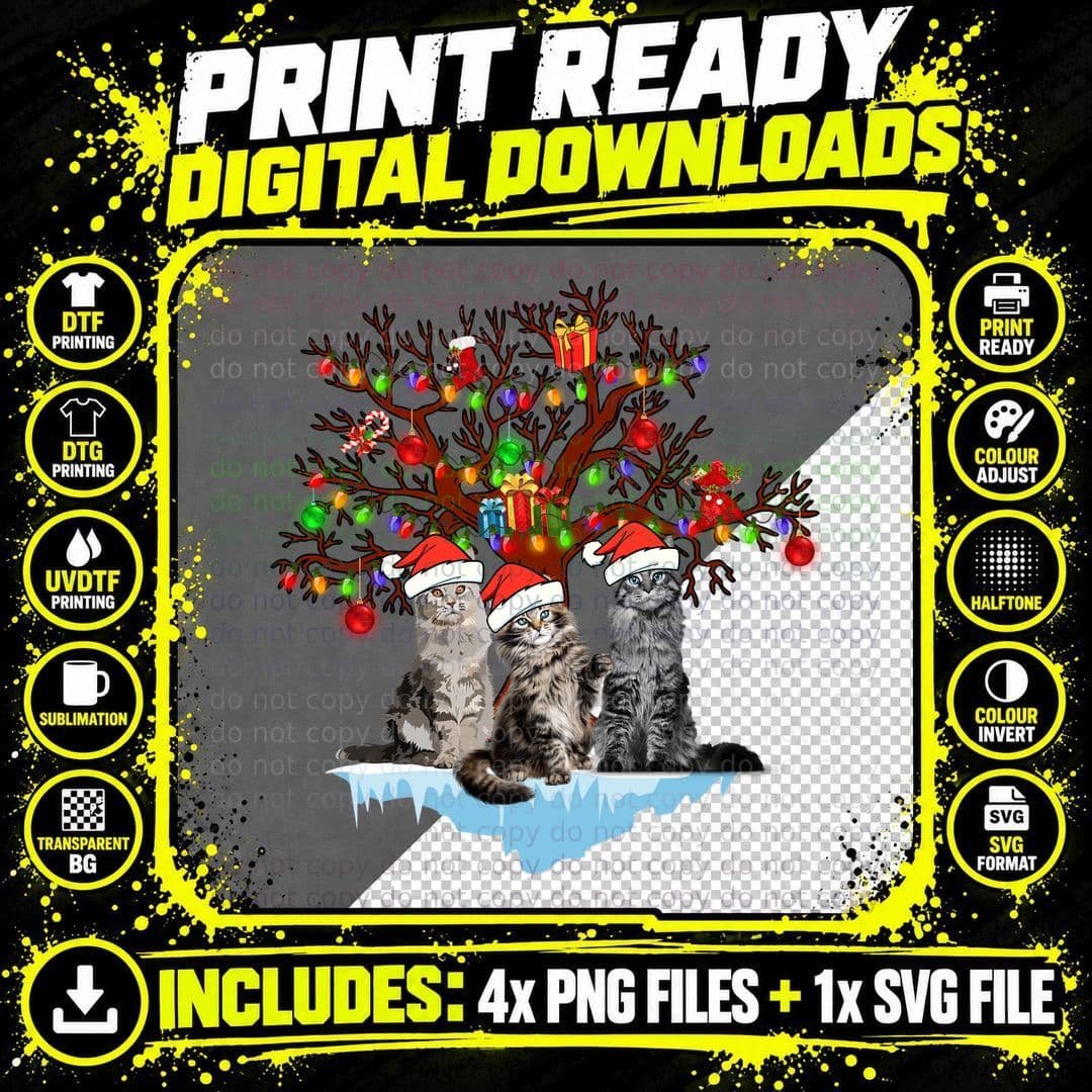 Cute Cat Trio Christmas Tree Ornaments Santa Hats Png SVG Digital Bundle
