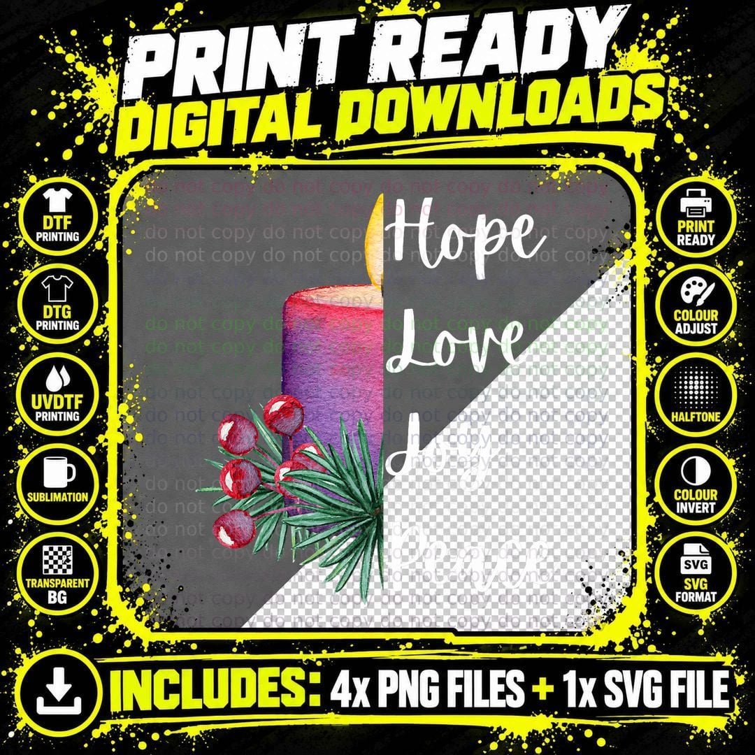 Cute Christian Advent Candle Hope Love Joy Peace Png SVG Digital Bundle