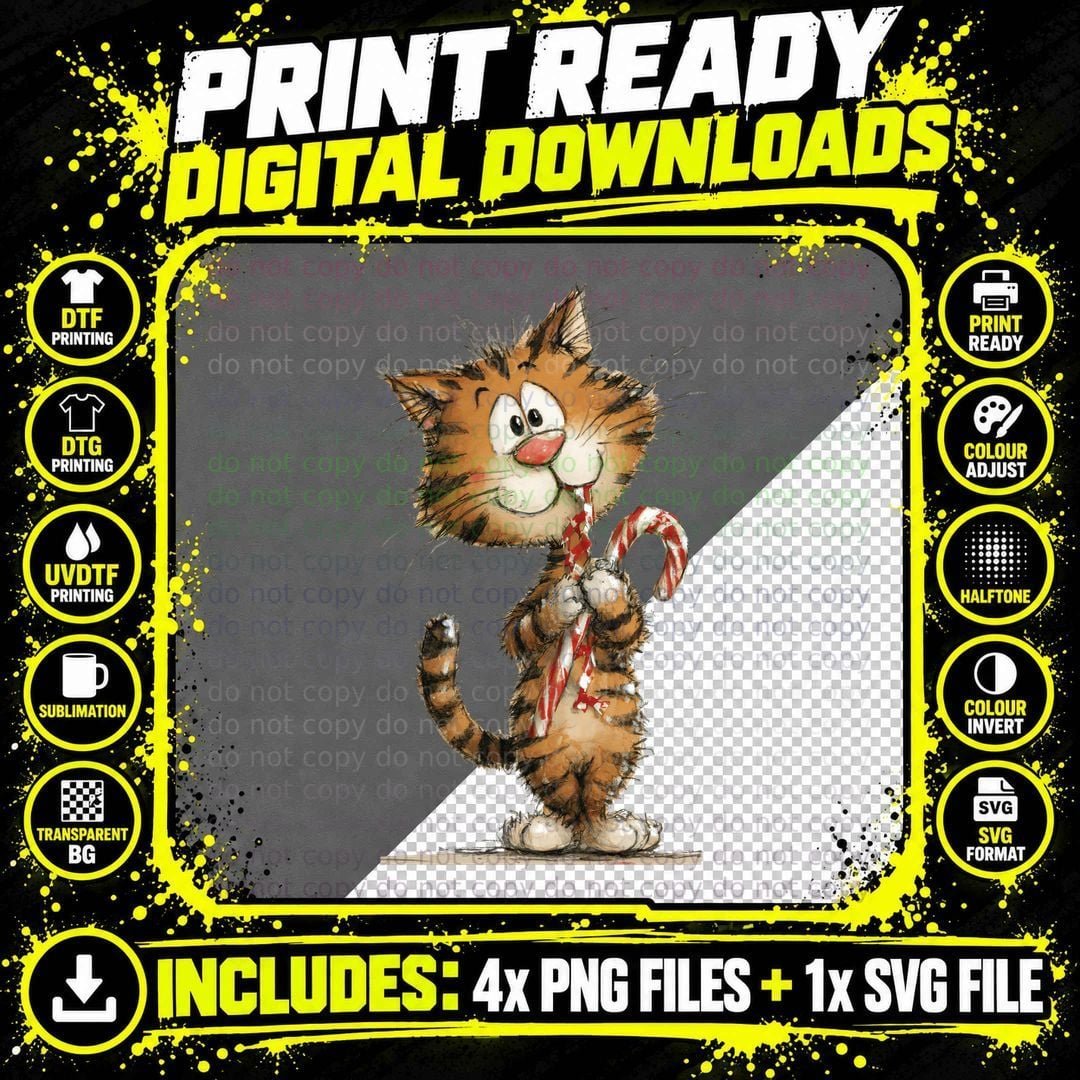 Cute Christmas Cat Holding Candy Canes Festive Holiday Png SVG Digital Bundle