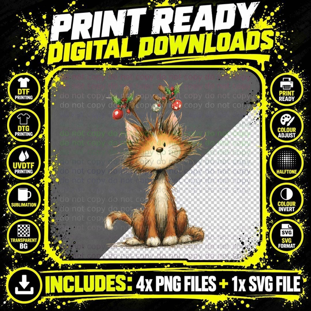 Cute Christmas Cat with Reindeer Antlers and Holly Png SVG Digital Bundle