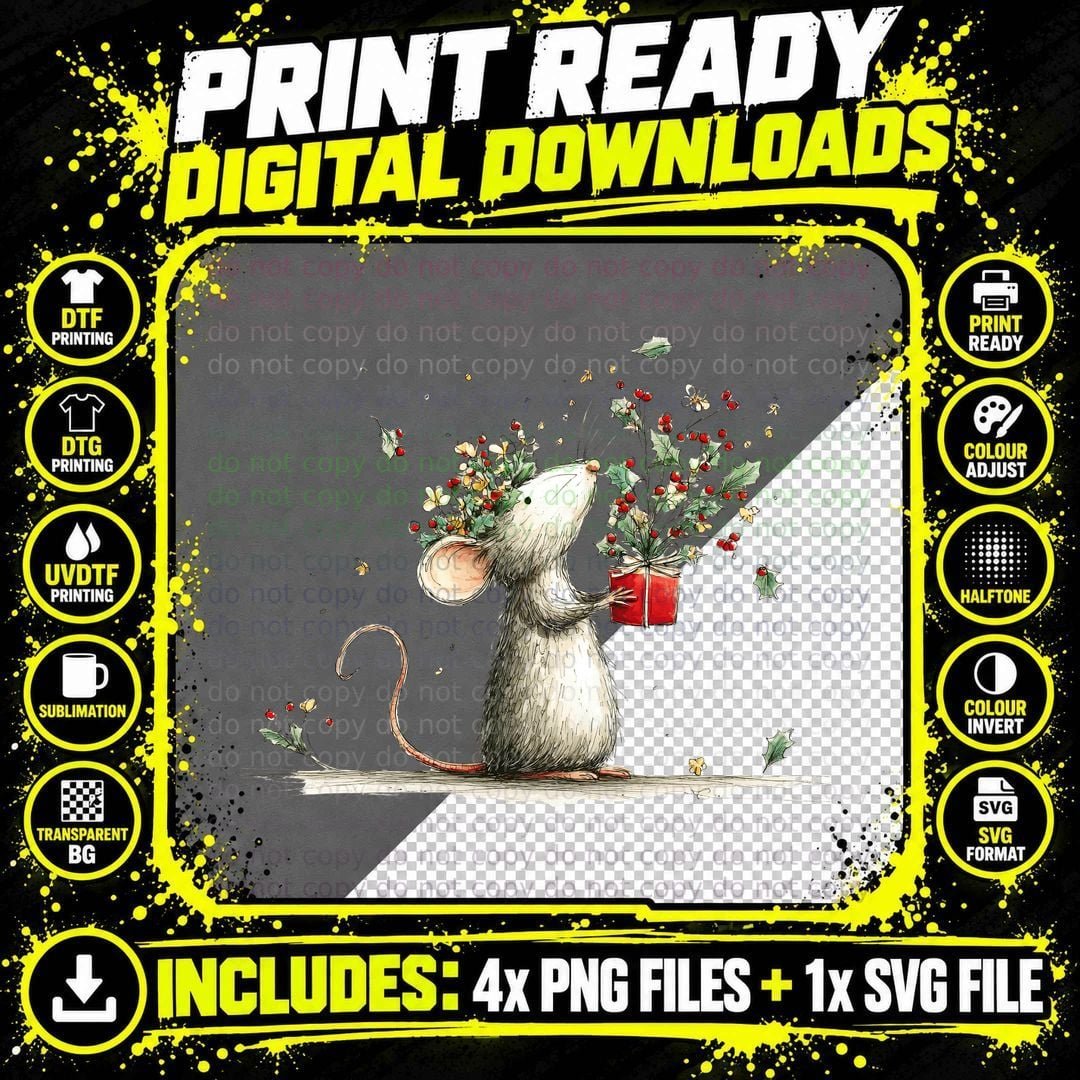 Cute Christmas Mouse with Holly and Berries Festive Png SVG Digital Bundle