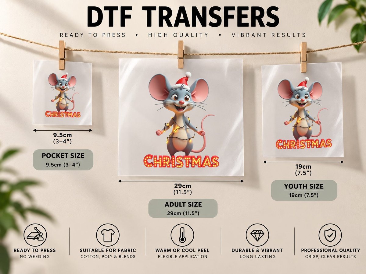 Cute Christmas Mouse, Santa Animal, Holiday Party DTF Transfer Iron On