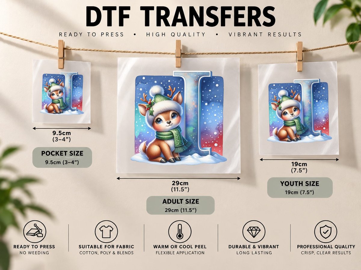 Cute Christmas Reindeer Letter I Winter Snowflake Holiday DTF Transfer Iron On