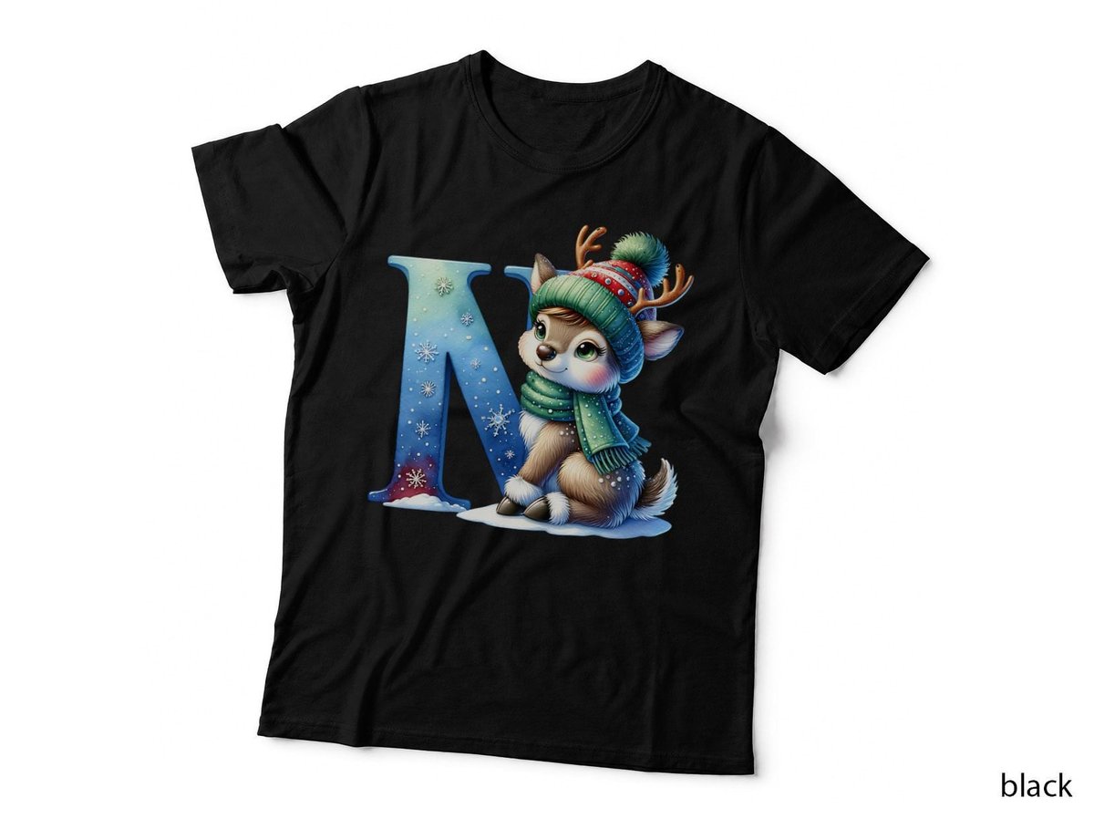 Cute Christmas Reindeer Letter N Winter Snowflake Holiday Design T-Shirt