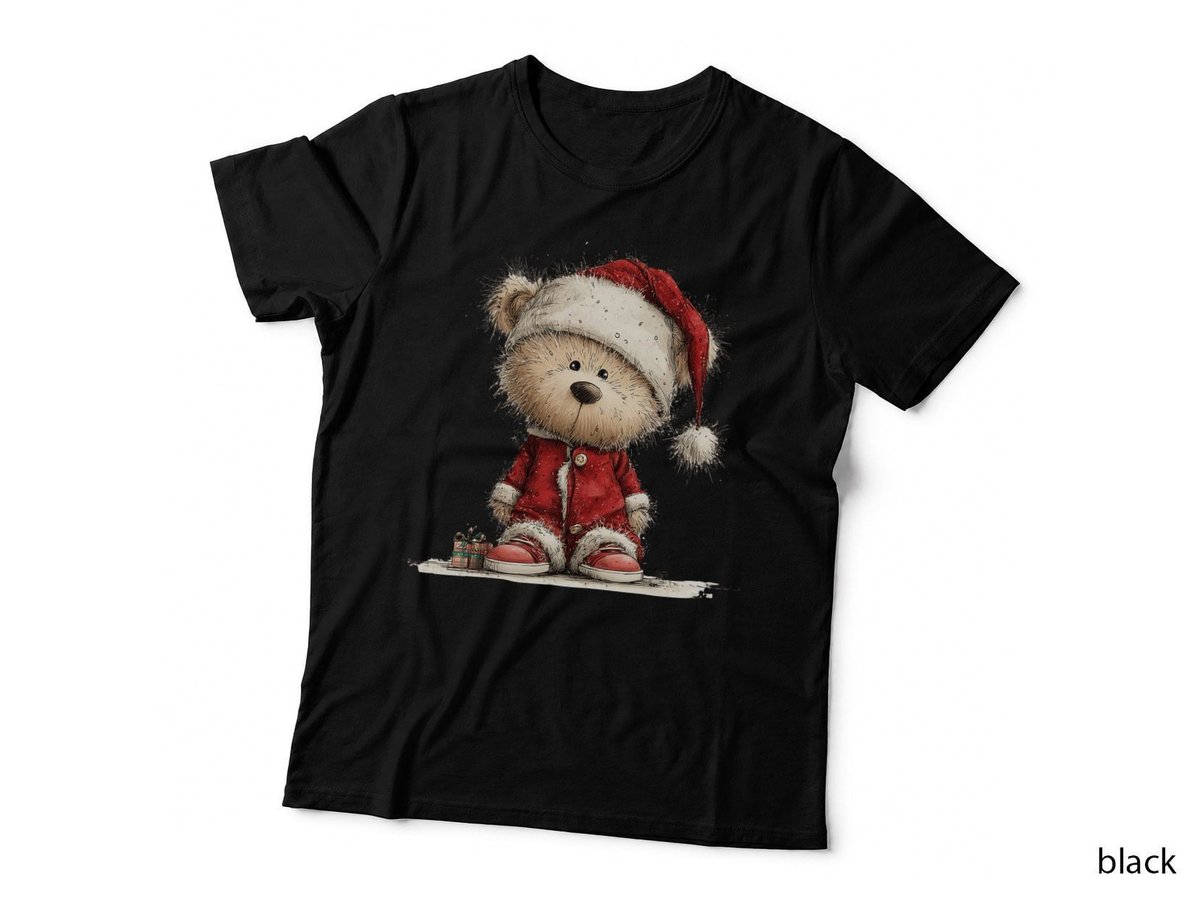 Cute Christmas Teddy Bear in Santa Suit Holding Gift Box Holiday T-Shirt