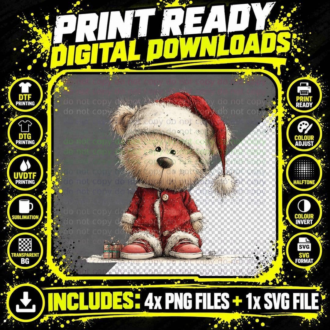 Cute Christmas Teddy Bear in Santa Suit Holding Gift Box Png SVG Digital Bundle