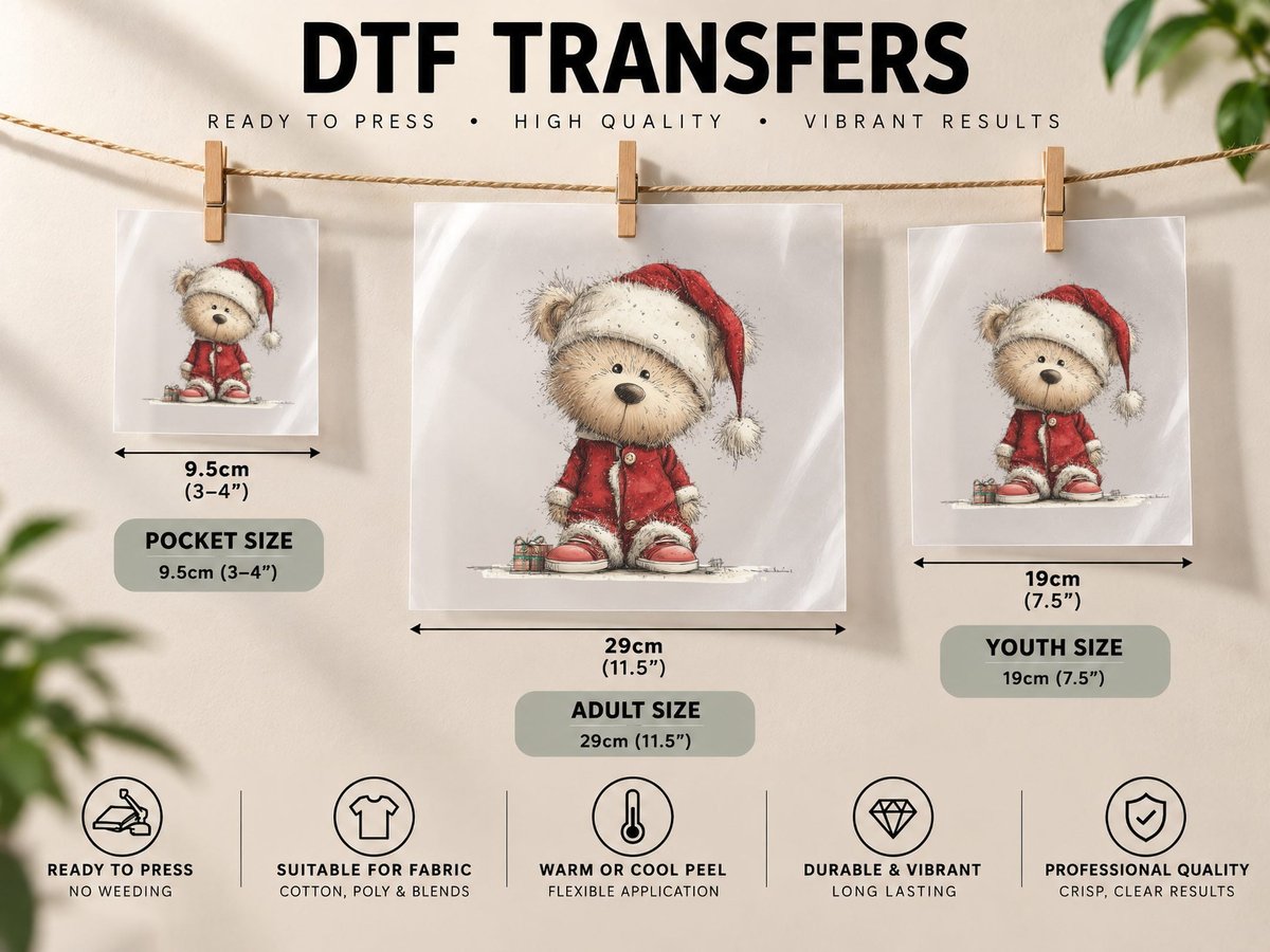 Cute Christmas Teddy Bear in Santa Suit Holding Gift Box DTF Transfer Iron On