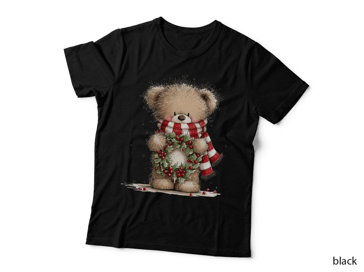 Cute Christmas Teddy Bear with Wreath and Striped Scarf Holiday T-Shirt