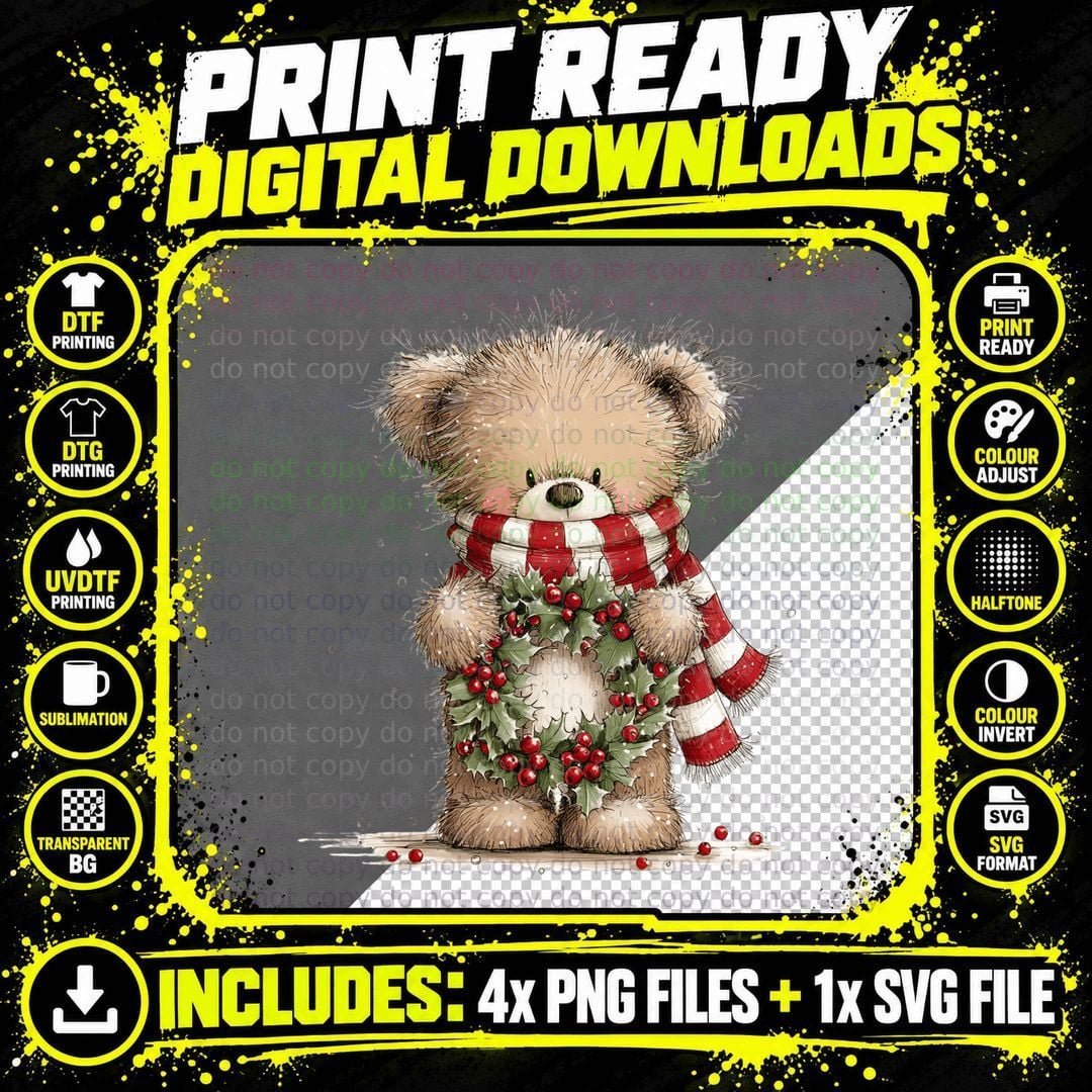 Cute Christmas Teddy Bear with Wreath and Striped Scarf Png SVG Digital Bundle