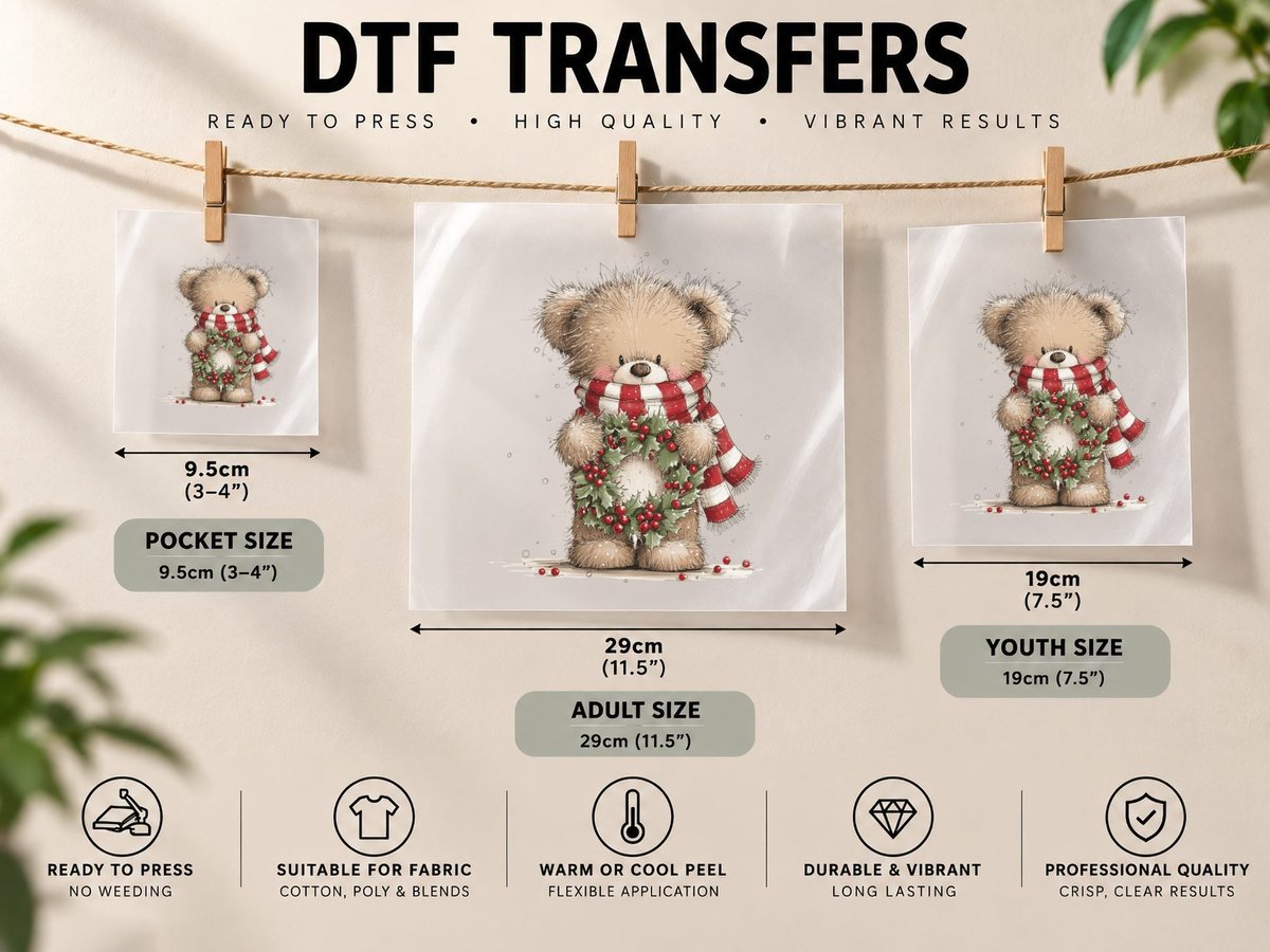 Cute Christmas Teddy Bear with Wreath and Striped Scarf DTF Transfer Iron On