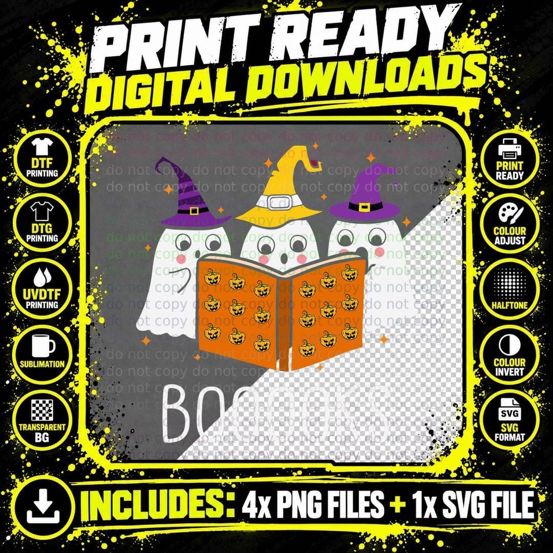 Cute Ghost Reading Library Books Halloween Teacher Png SVG Digital Bundle
