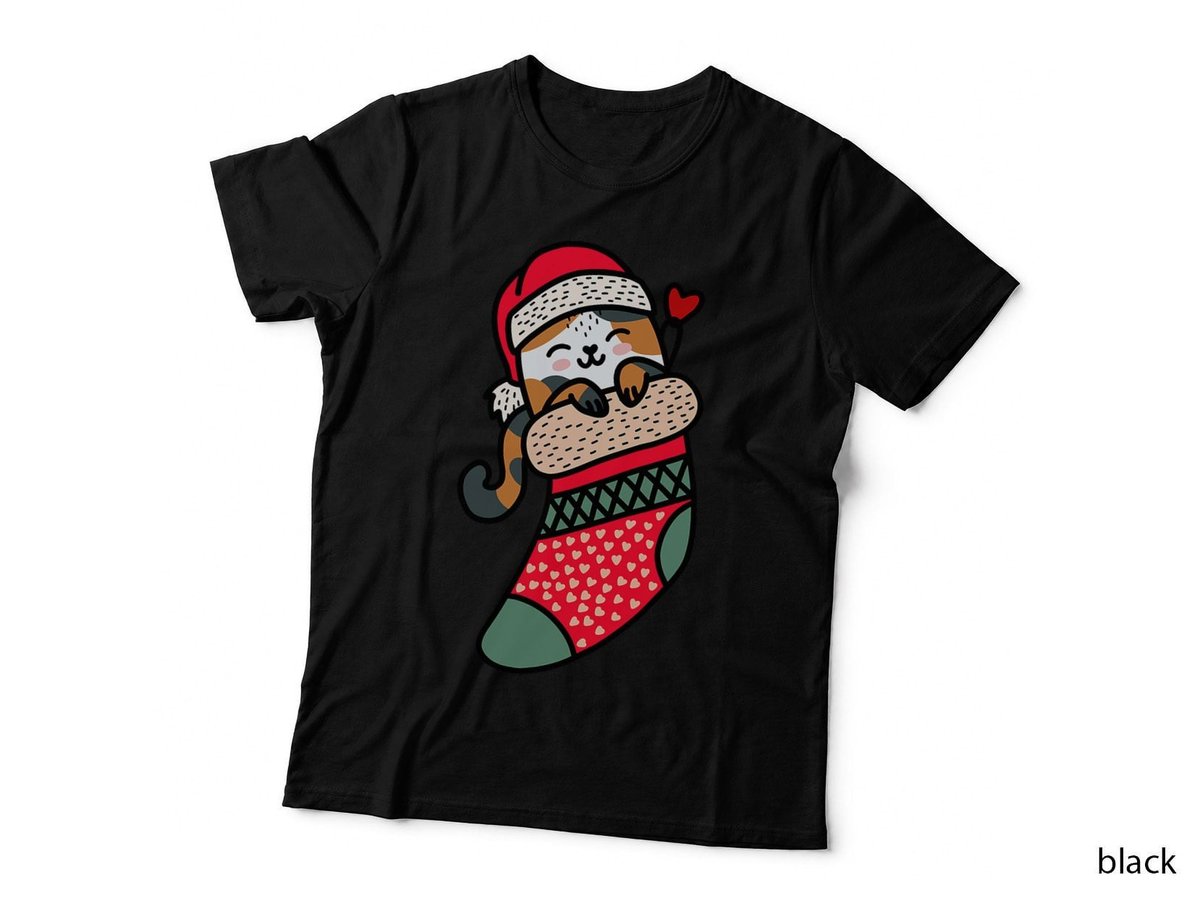 Cute Kawaii Calico Cat in Christmas Sock Kids Xmas Pajama T-Shirt