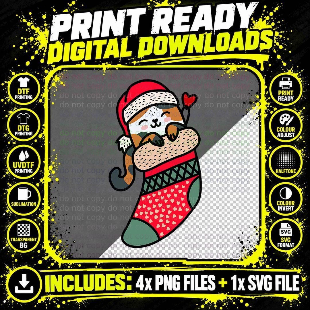 Cute Kawaii Calico Cat in Christmas Sock Kids Xmas Png SVG Digital Bundle