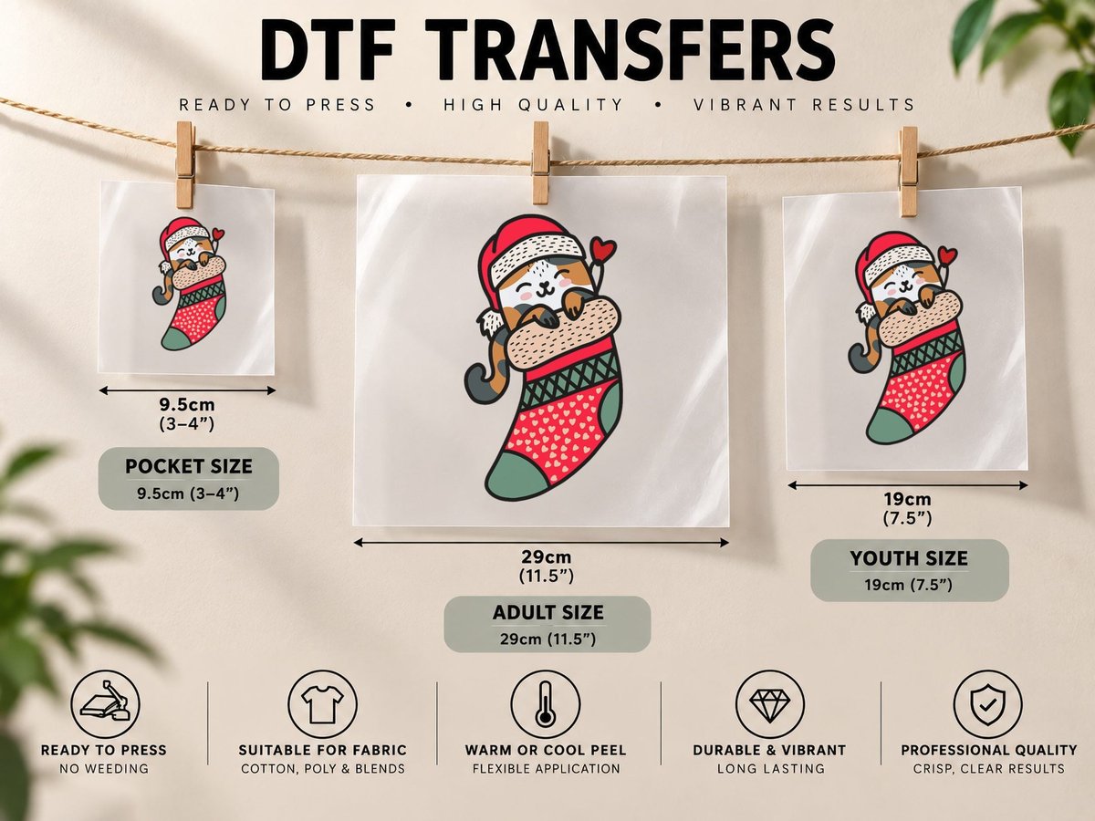 Cute Kawaii Calico Cat in Christmas Sock Kids Xmas Pajama DTF Transfer Iron On