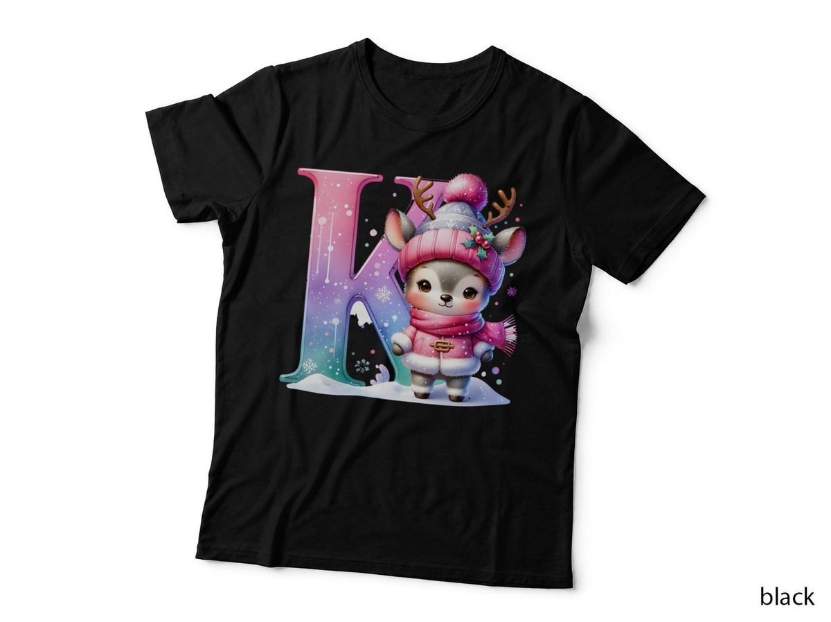 Cute Pink Christmas Reindeer Letter K Winter Snowflake Holiday Design T-Shirt