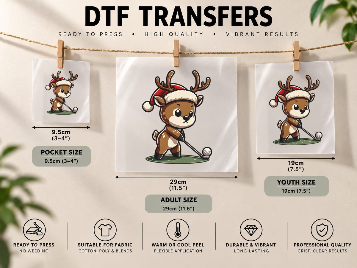 Cute Reindeer Golf Player Golf Christmas Kids Boys DTF Transfer Iron On