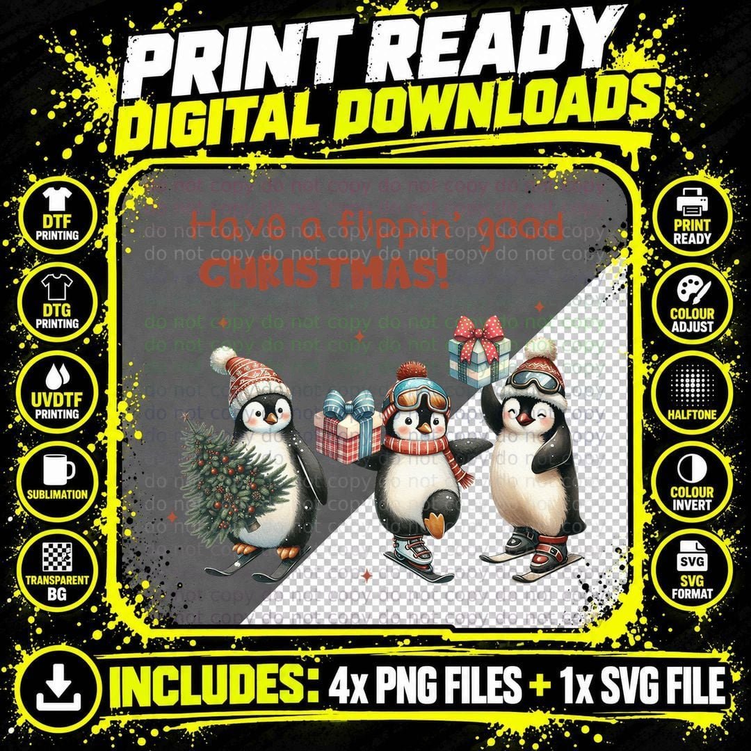 Cute Skiing Penguins with Gifts and Christmas Tree Retro Png SVG Digital Bundle