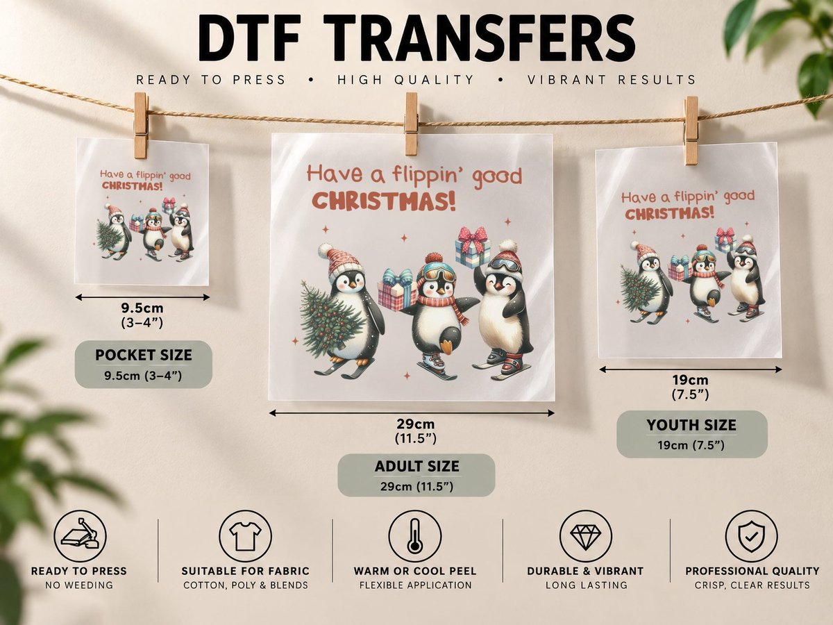 Cute Skiing Penguins with Gifts and Christmas Tree Retro DTF Transfer Iron On
