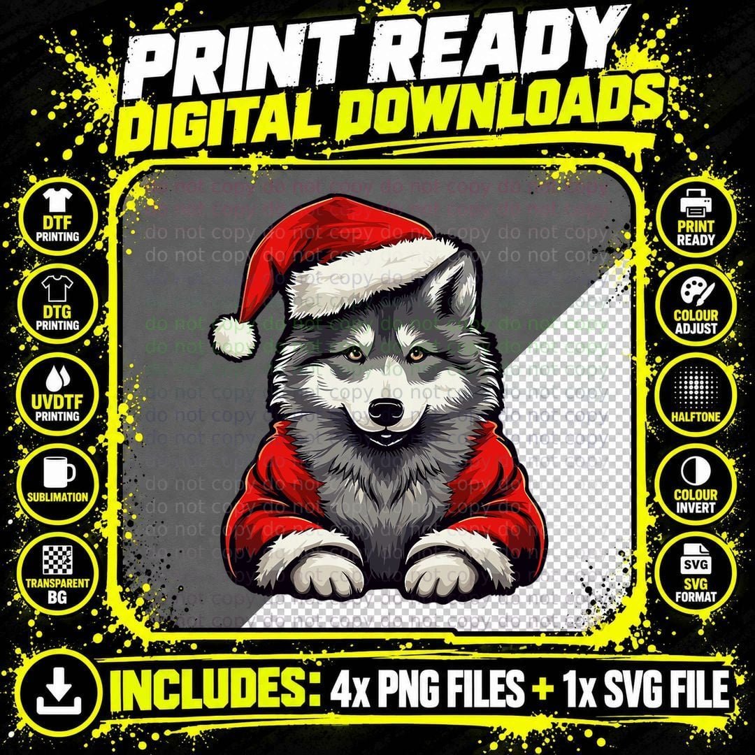 Cute Wolf Christmas Santa Hat Wolves Xmas Pajama Png SVG Digital Bundle