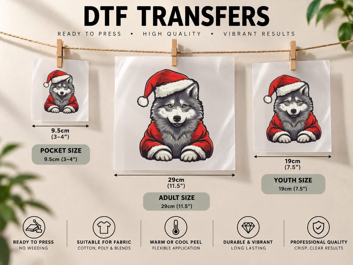 Cute Wolf Christmas Santa Hat Wolves Xmas Pajama DTF Transfer Iron On