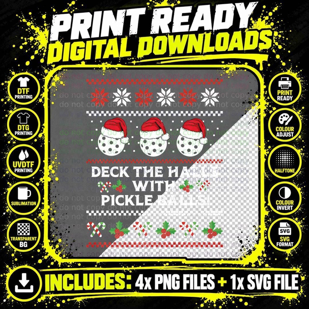 DECK THE HALLS Pickle BALLS Ugly Christmas Pickleball Png SVG Digital Bundle
