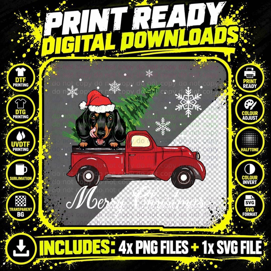 Dachshund Dog Riding Red Truck Christmas Decorations Png SVG Digital Bundle
