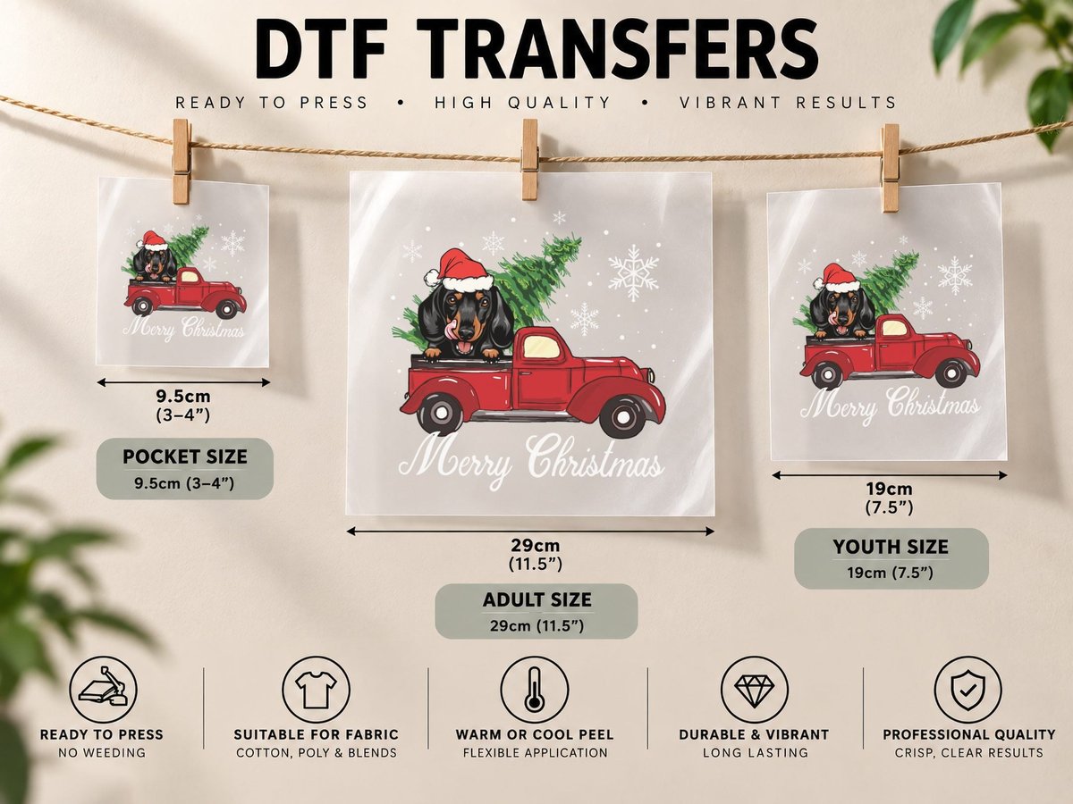 Dachshund Dog Riding Red Truck Christmas Decorations Pajama DTF Transfer Iron On