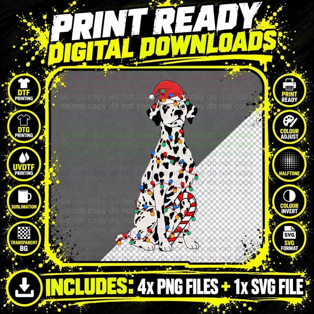 Dalmatian Santa Christmas Lights Dog Lover Xmas Pajama Png SVG Digital Bundle