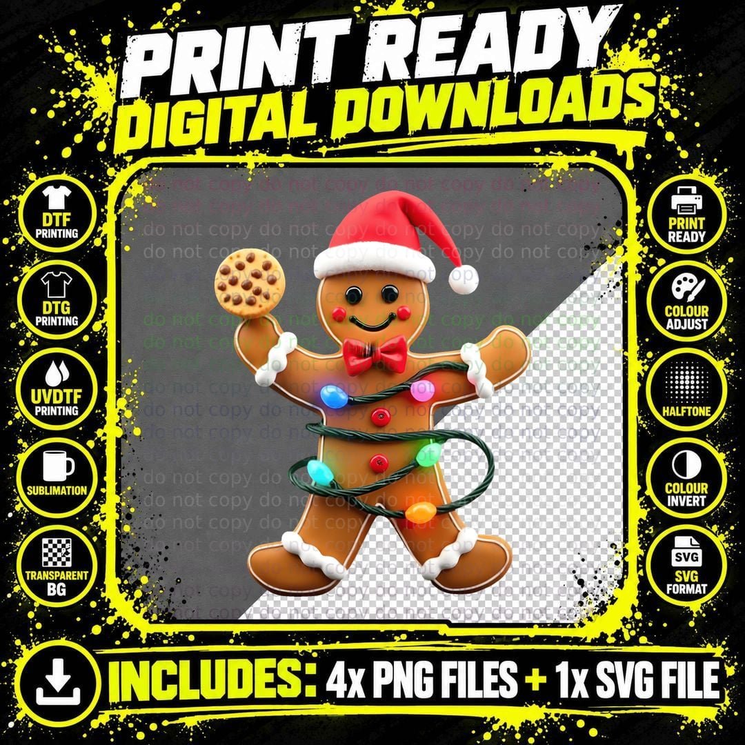 Dancing Gingerbread Man Christmas Lights Red Santa Hat Png SVG Digital Bundle