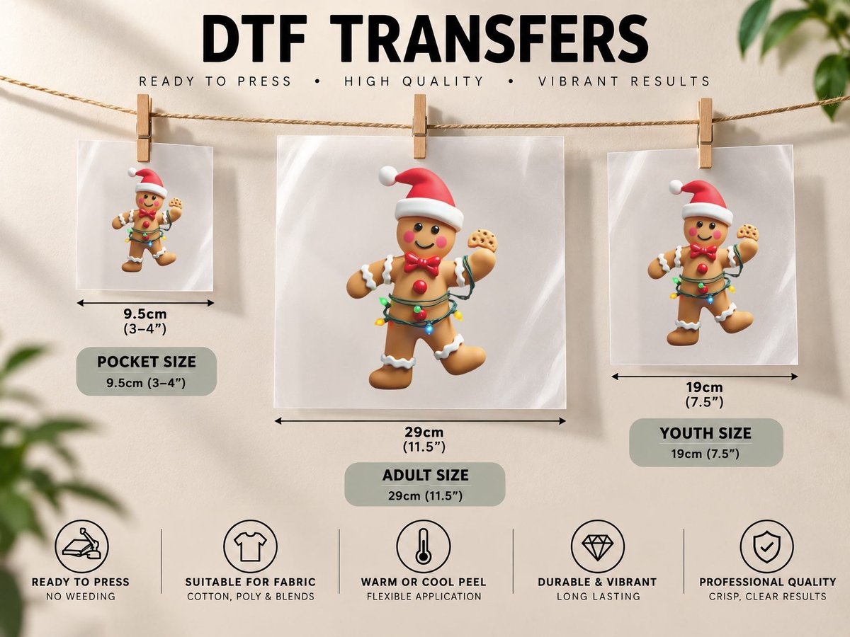 Dancing Gingerbread Man Smile Christmas Lights Santa Hat DTF Transfer Iron On