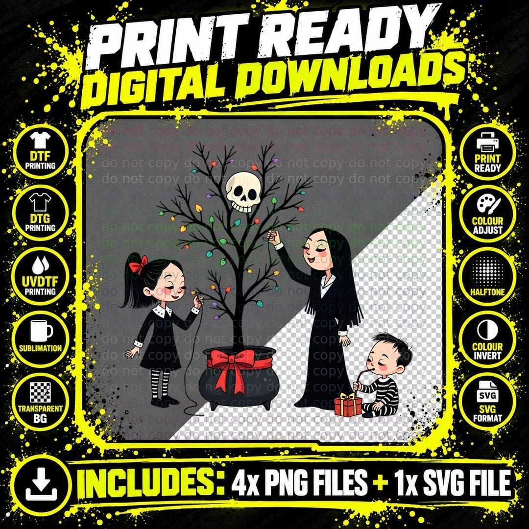 Dark Family Christmas Xmas Tree Black Clothes Skull Png SVG Digital Bundle