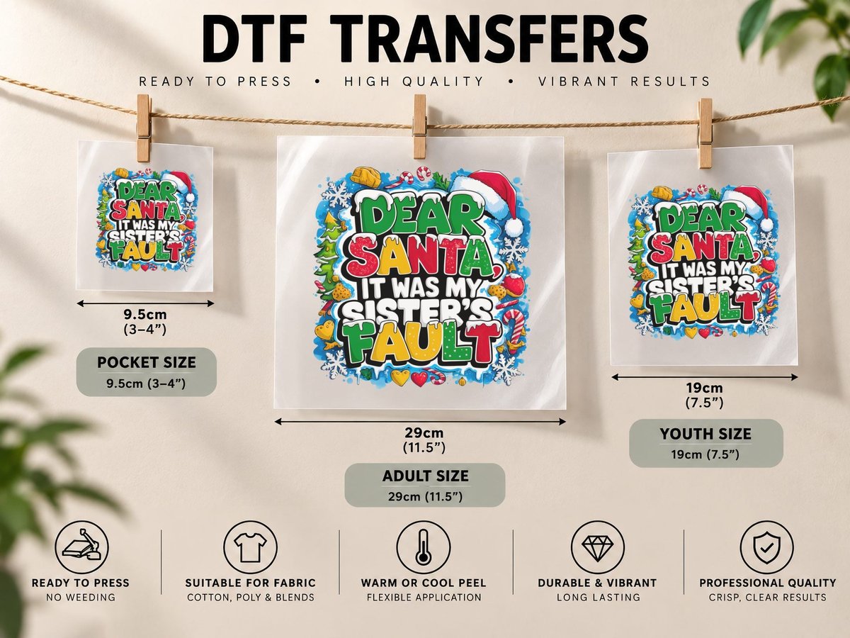 Dear Santa It Was My Sister's Fault Funny Christmas Family DTF Transfer Iron On
