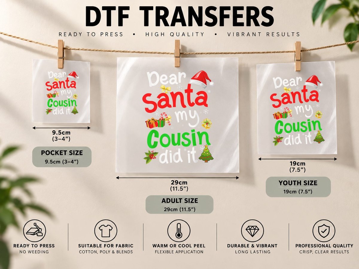 Dear Santa My Cousin Did It Funny Christmas Santa Hat DTF Transfer Iron On