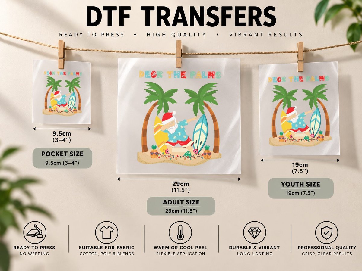 Deck the Palms Dabbing Santa - Xmas Tropical Beach Surfing DTF Transfer Iron On