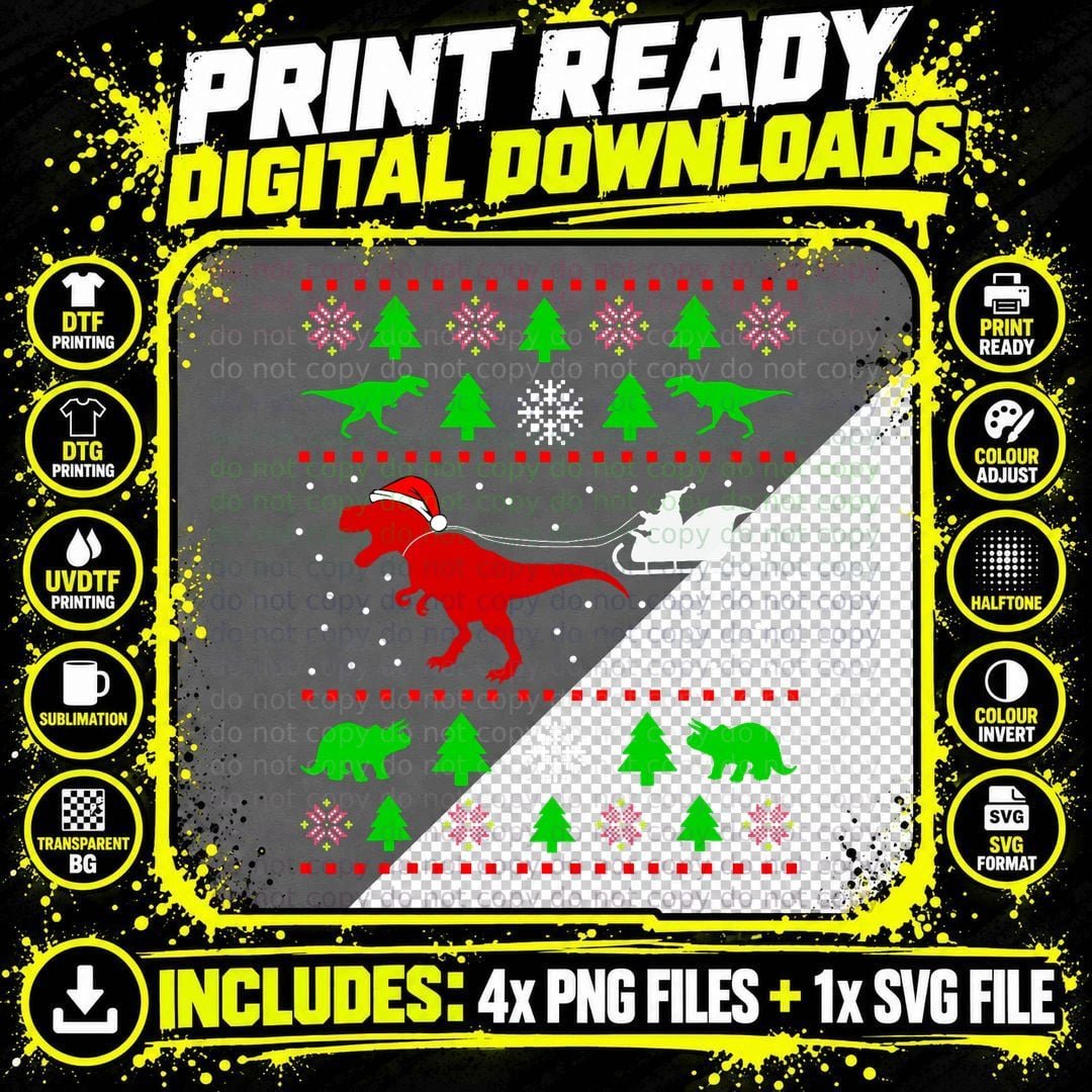 Dinosaur Ugly Christmas T-Shirt for Adults Kids Png SVG Digital Bundle