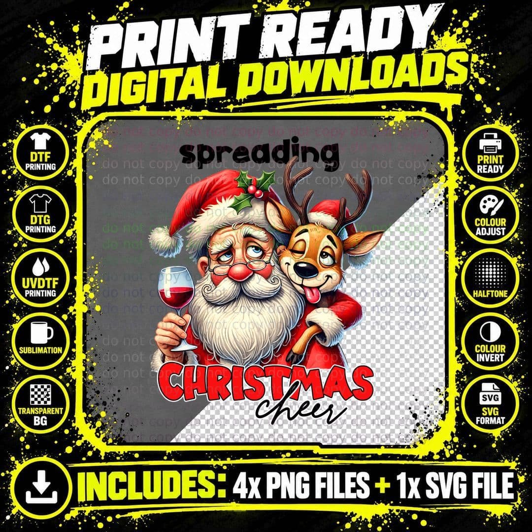Drunk Santa and Reindeer Wine Funny Spreading Christmas Png SVG Digital Bundle