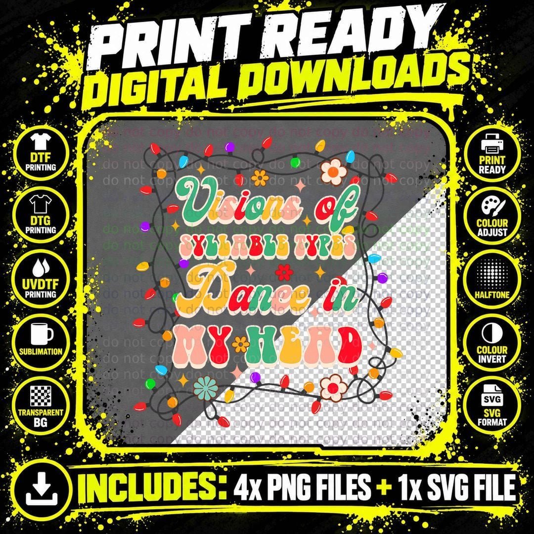 Dyslexia Reading Teacher Christmas Visions of Syllable Png SVG Digital Bundle