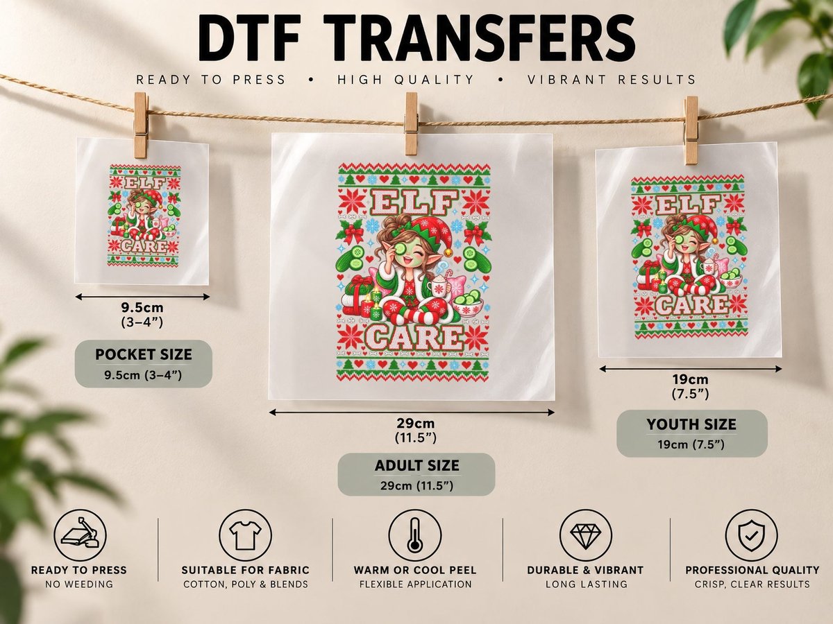 Elf Care Christmas Funny Self Care Spa Ugly Holiday Humor DTF Transfer Iron On