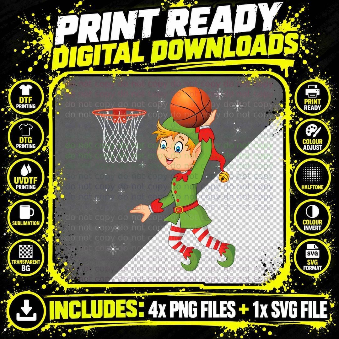 Elf Playing Basketball Christmas Boy Kid Sport Merry Png SVG Digital Bundle