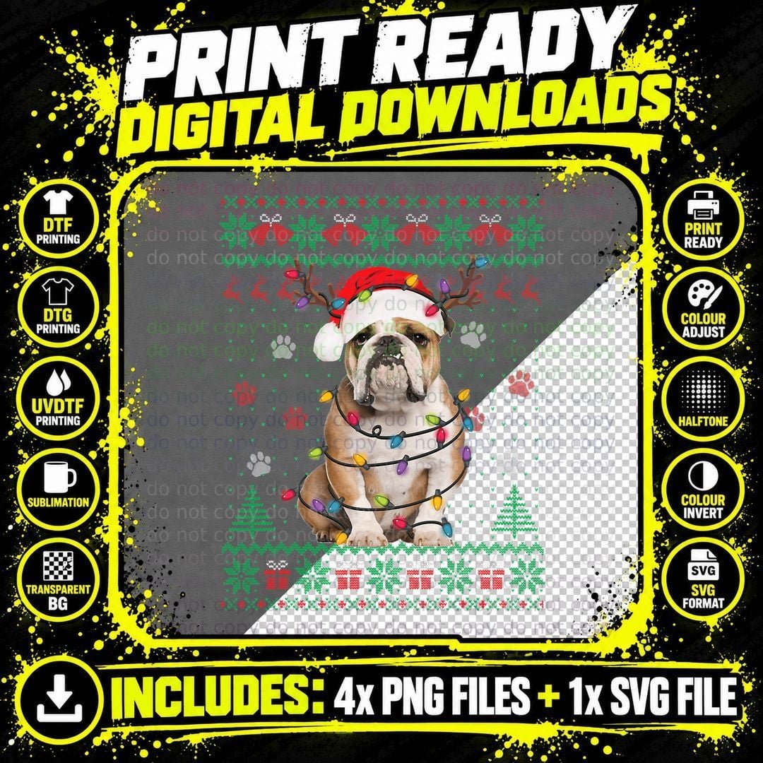 English Bulldog Christmas Lights T-Shirt Png SVG Digital Bundle